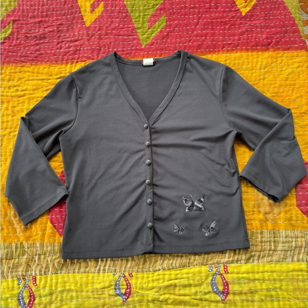 Gray Button-Front Cardigan Butterfly Embroidery Vintage Y2K Made in USA